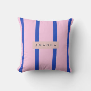 Persoonlijk roze en koningsblauw streepdesign kussen