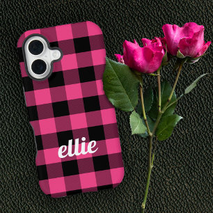 Persoonlijk roze en zwart Buffalo-rutenpatroon iPhone 16 Hoesje