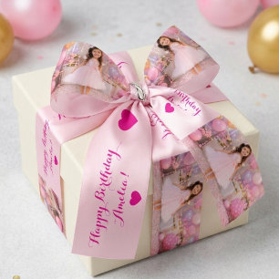 Persoonlijk Roze Foto Meisje Verjaardagsfeest Satijnen Lint