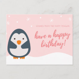 Persoonlijk - Roze Geïllustreerde Pinguïn Verjaard Briefkaart