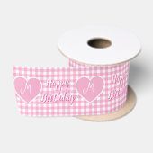 Persoonlijk Roze Gingham Hart Verjaardagsmonogram Satijnen Lint (Spoel)