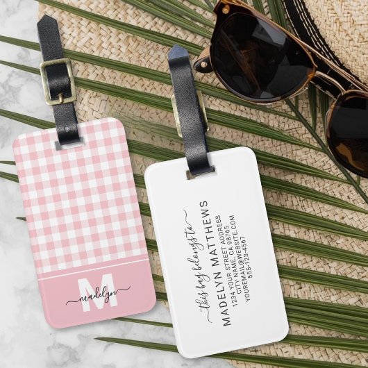 Persoonlijk Roze Gingham Monogram Bagagelabel