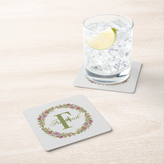 Persoonlijk Roze Groene Bloemige Achternaam Monogr Kartonnen Onderzetters (Insitu)