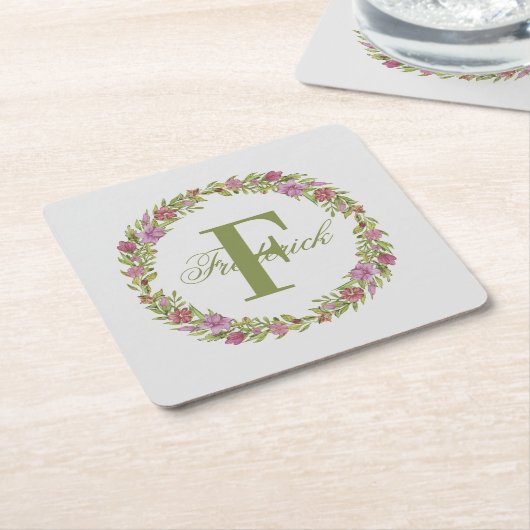 Persoonlijk Roze Groene Bloemige Achternaam Monogr Kartonnen Onderzetters (Schuin)