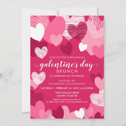 Persoonlijk roze hart Galentine's Dag Brunch Kaart (Voorkant)