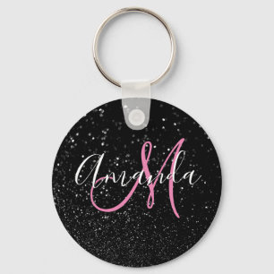 Persoonlijk Roze Monogram Nep Zwart Glitter Sleutelhanger