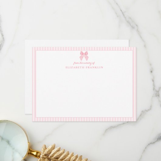 Persoonlijk Roze Strik Streep Baby Meisje Briefpap Bedankkaart (Voorkant / Achterkant in situ)