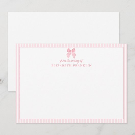Persoonlijk Roze Strik Streep Baby Meisje Briefpap Bedankkaart (Voorkant / Achterkant)