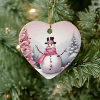 Persoonlijk: Roze Thema Kerstboom & Sneeuwman Keramisch Ornament
