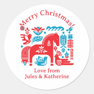 Persoonlijk Scandi Rode Dala Kerstcadeau-etiket Ronde Sticker