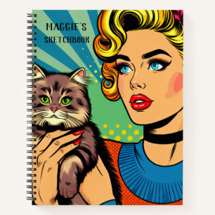 Persoonlijk schetsboek Retro dame en kat Notitieboek