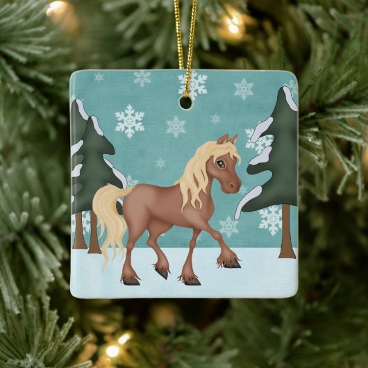 Persoonlijk schitterend Cute Brown Horse Snowy Ker Keramisch Ornament (Boom)