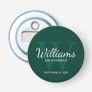 Persoonlijk script bruidsjonkers naam & monogram button flesopener