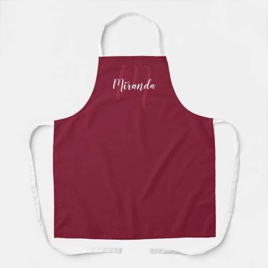 Persoonlijk Script Monogram en Naam Burgundy Red Schort (Voorkant)