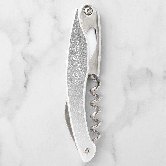 Persoonlijk Silver Ombre Faux Glitter Script Kurkentrekker (Achterkant)