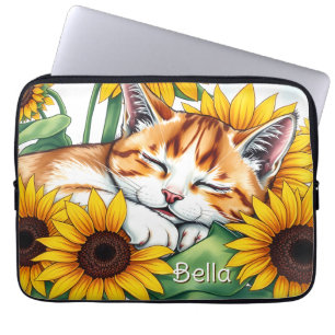 Persoonlijk slaapkussenkitten en zonnebloemen laptop sleeve