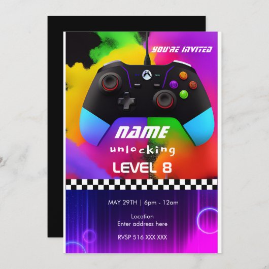 Persoonlijk spel op game-verjaardagsuitnodiging kaart (Voorkant / Achterkant)