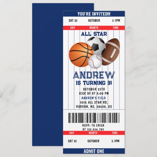 Persoonlijk sportticket All Star Party Kaart (Voorkant / Achterkant)