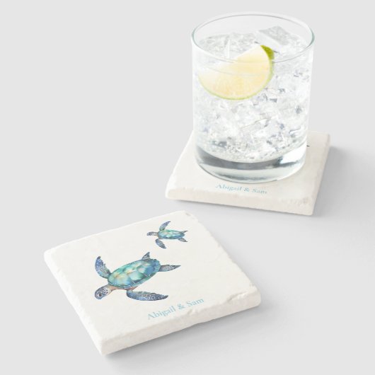 Persoonlijk strand met zeeschildpadden stenen onderzetter (Zijkant)