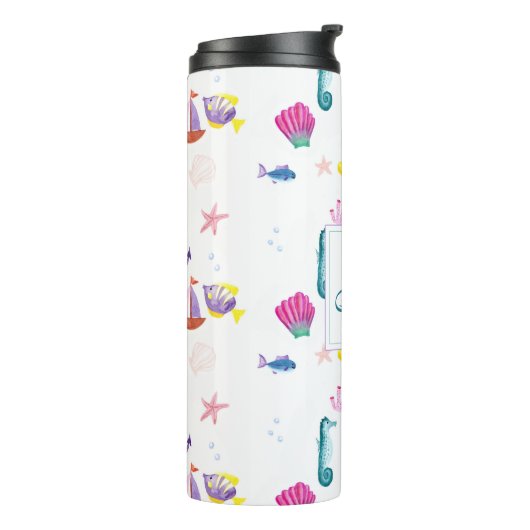 Persoonlijk strandhuisje kids badkamer oceaanleven thermosbeker (Gedraaid links)