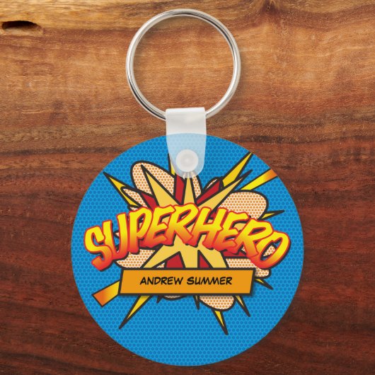 Persoonlijk stripboek Pop Art SUPERHELD Sleutelhanger (Voorkant)