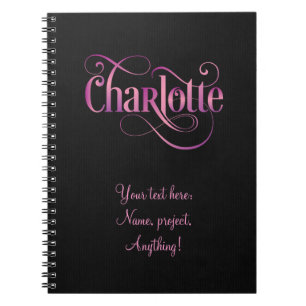 Persoonlijk Swirly Script Charlotte Roze op Zwart Notitieboek