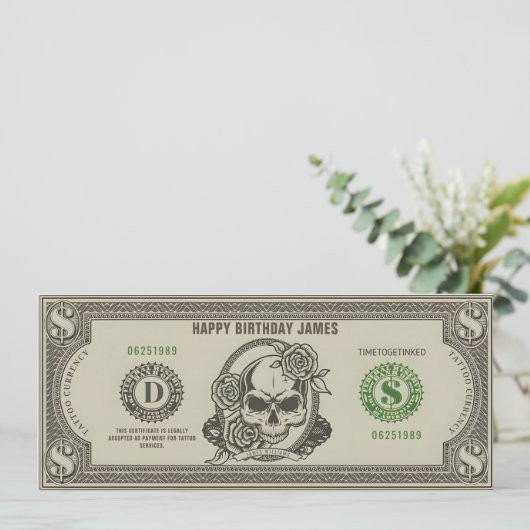 Persoonlijk Tattoo Ticket Cadeaubon Kaart (Staand voorkant)