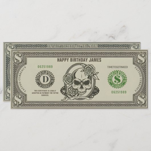 Persoonlijk Tattoo Ticket Cadeaubon Kaart (Voorkant / Achterkant)