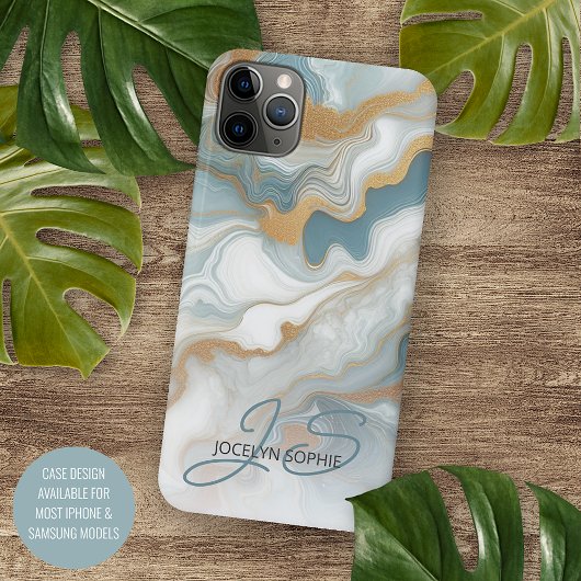 Persoonlijk tealblauw goud wit marmeren patroon Case-Mate iPhone case