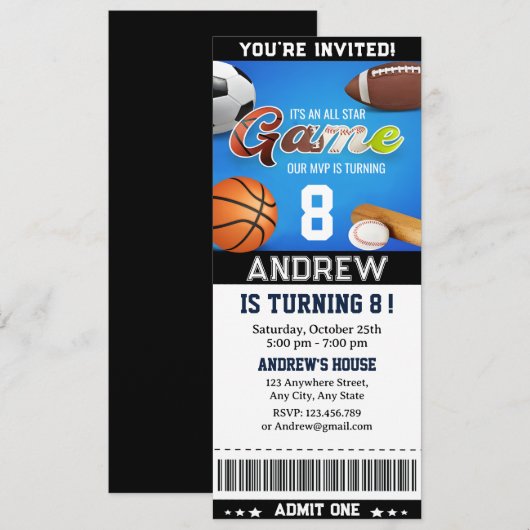 Persoonlijk thema All Star Sports Ticket Verjaarda Kaart (Voorkant / Achterkant)