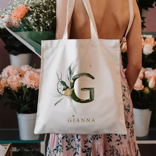 Persoonlijk tropisch blad monogram letter “G" Tote Bag
