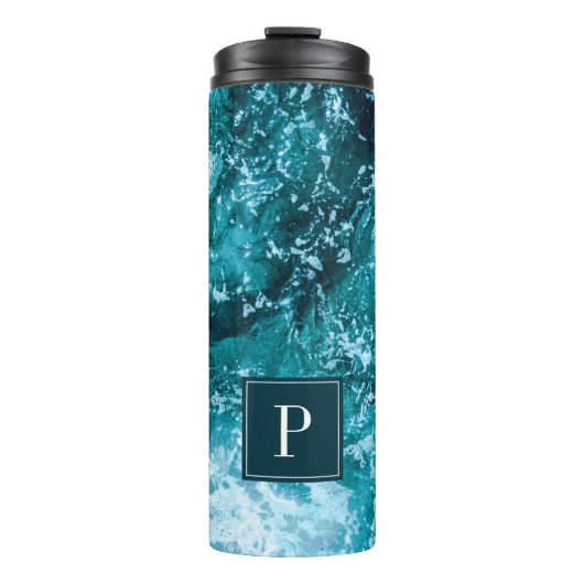 Persoonlijk Turkoois Zee Golf Monogram Thermosbeker (Voorkant)