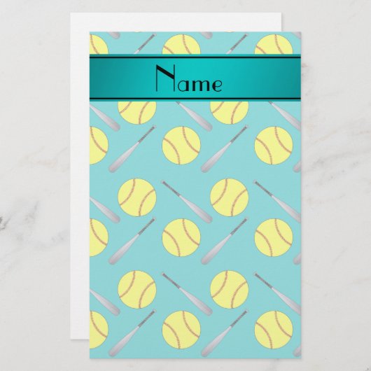 Persoonlijk turquoise softball-patroon briefpapier (Voorkant / Achterkant)
