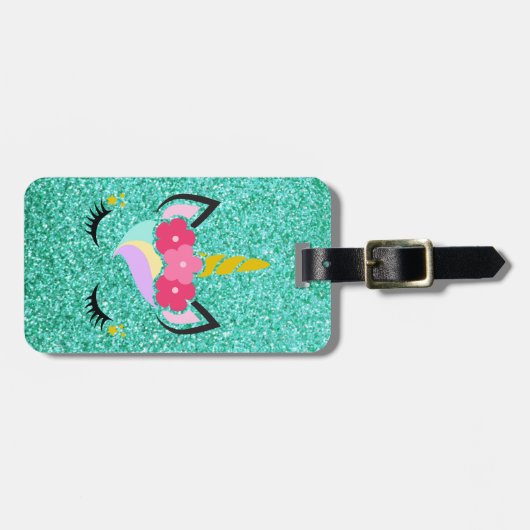 Persoonlijk Unicorn Blauwgroen Glitter Bagagelabel (Voorkant horizontaal)
