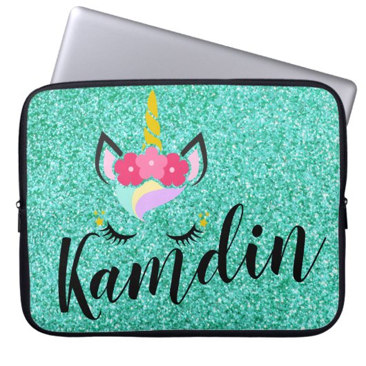 Persoonlijk Unicorn Blauwgroen Glitter Laptop Hoes (Voorkant)