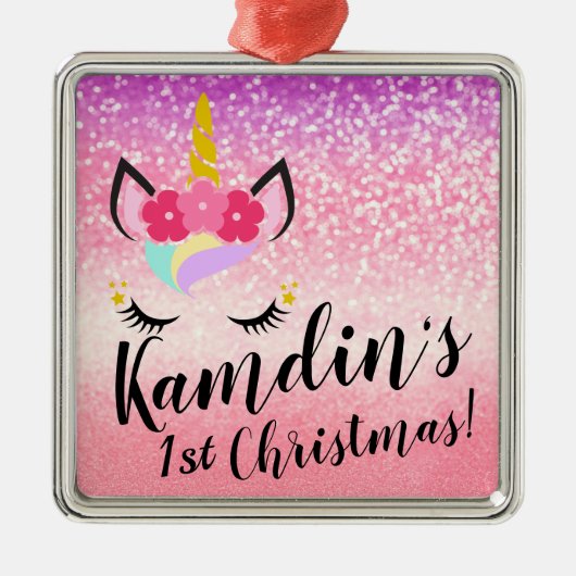 Persoonlijk Unicorn Ombre Glitter XMAS-Ornament Metalen Ornament (Voorkant)