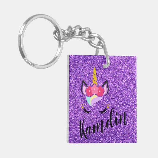 Persoonlijk Unicorn Paars Glitter Sleutelhanger (Voorkant Links)