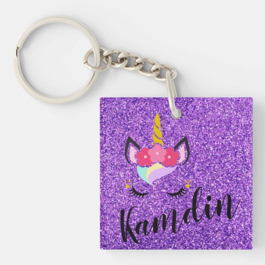 Persoonlijk Unicorn Paars Glitter Sleutelhanger (Voorkant)