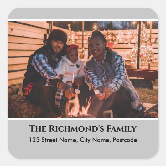 Persoonlijk Uw Foto in Grijs Lijst met Adres Vierkante Sticker (Voorkant)