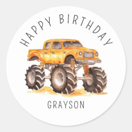 Persoonlijk verjaardagscadeau oranje monstertruck ronde sticker