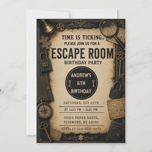 Persoonlijk verjaardagsfeest met Escape Room Kaart (Voorkant)