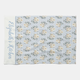 Persoonlijk vintage blauw wit gestreept bloemmotie theedoek