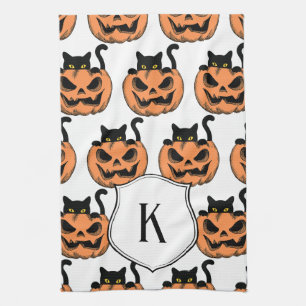 Persoonlijk vintage Halloween kat spooky patroon Theedoek