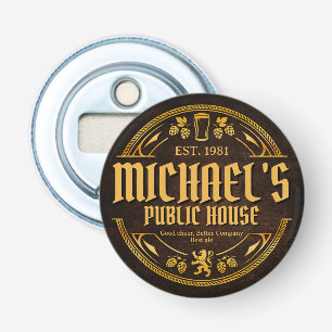 Persoonlijk vintage pubbord op rustiek hout button flesopener