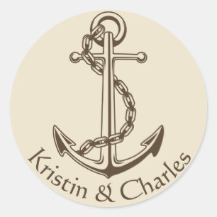 Persoonlijk vintage scheepsanker nautisch huwelijk ronde sticker