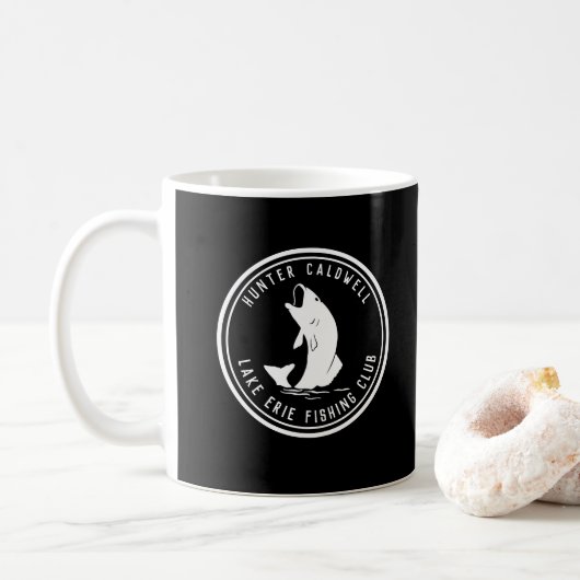 Persoonlijk visemblem zwart en wit koffiemok (Met donut)