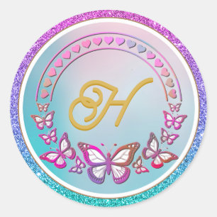 Persoonlijk vlinder-monogram ronde sticker