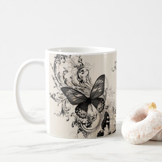 Persoonlijk vrouwelijk vlindercadeau koffiemok (Met donut)