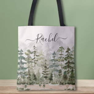 Persoonlijk waterverf groen dennenbos berg tote bag