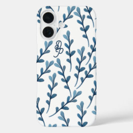 Persoonlijk Waterverfpatroon met Blauwe Blad Initi iPhone 16 Hoesje